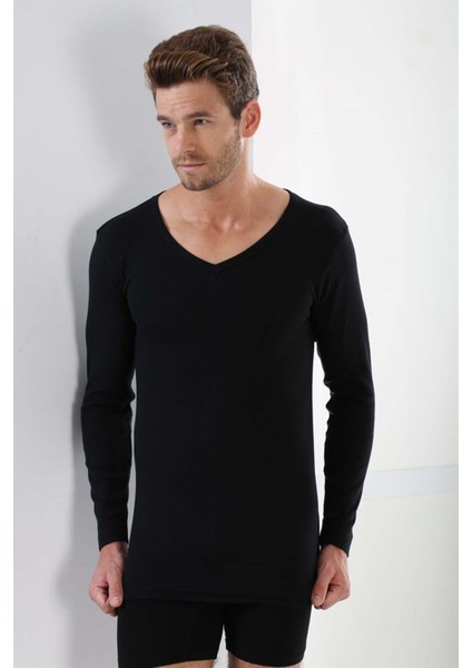 2'li Paket Erkek Badi Uzun Kollu T-Shirt V Yaka Basic %100 Pamuk Ribana Siyah - Xl