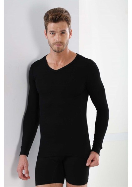 2'li Paket Erkek Badi Uzun Kollu T-Shirt V Yaka Basic %100 Pamuk Ribana Siyah - Xl