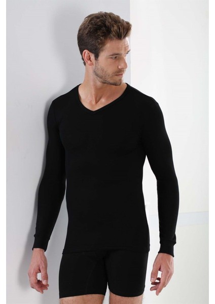 2'li Paket Erkek Badi Uzun Kollu T-Shirt V Yaka Basic %100 Pamuk Ribana Siyah - Xl
