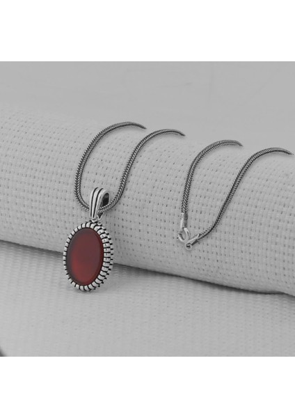 Kırmızı Akik Taşlı Oval 925 Ayar Erkek Gümüş Kolye