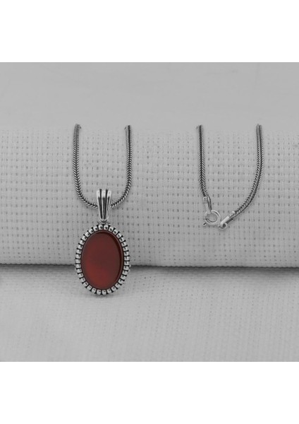 Kırmızı Akik Taşlı Oval 925 Ayar Erkek Gümüş Kolye fiyatları