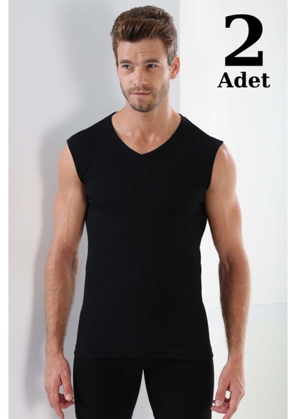 Erkek Tişört V Yaka Sıfır Kol Kolsuz Atlet Body 2'li %100 Pamuk Siyah - Xl