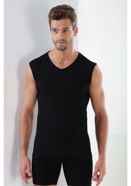 Erkek Tişört V Yaka Sıfır Kol Kolsuz Atlet Body 2'li %100 Pamuk Siyah - Xl