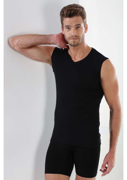 Erkek Tişört V Yaka Sıfır Kol Kolsuz Atlet Body 2'li %100 Pamuk Siyah - Xl