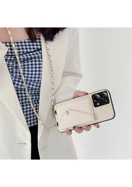Xiaomi Poco X6 Uyumlu Kılıf Zebana Boyun Askılı Deri Kılıf Krem Rengi