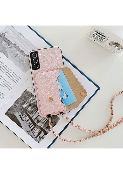 Samsung Galaxy S24 Uyumlu Kılıf Zebana Boyun Askılı Deri Kılıf Rose Gold