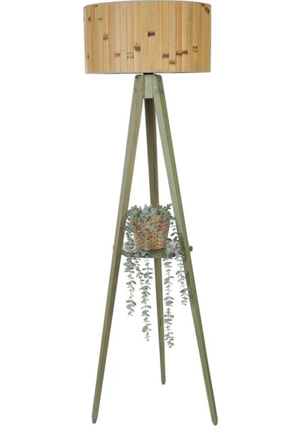 Sehbalı Tripod Yeşil Lambader Silindir Bambu 02 Abajurlu
