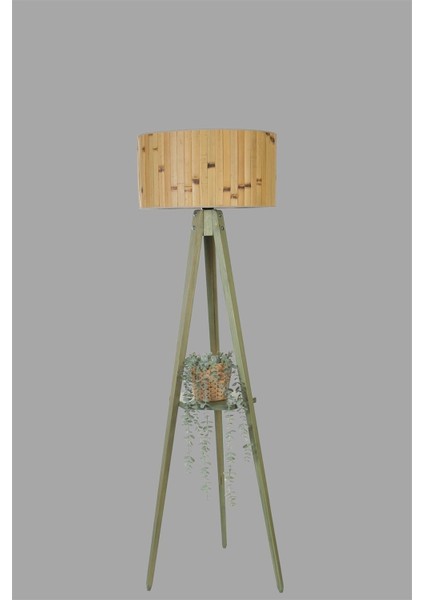 Sehbalı Tripod Yeşil Lambader Silindir Bambu 02 Abajurlu