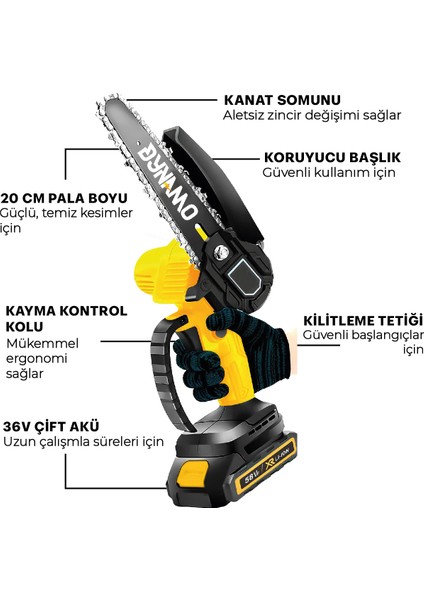 36V 2 Ah Lion Çift Akülü Şarjlı Budama Testeresi