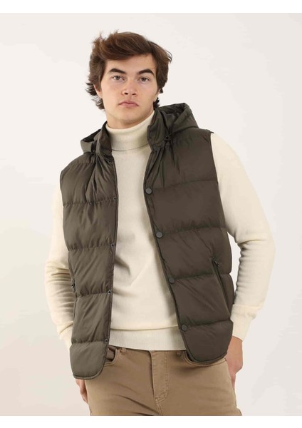Kahverengi Erkek Regular Fit Düz Kapüşolu Yelek Mont - 96758