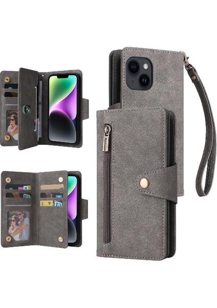 El Kayışı Fermuar Cüzdan Kapak Kart Tutucu Deri ile iphone 14 Için Kılıf (Yurt Dışından)