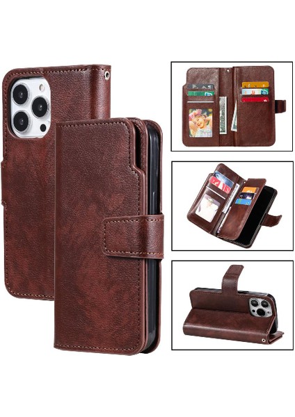 IPhone 13 Için Kılıf Pro Cüzdan 9 Kart Yuvaları Manyetik Kickstand Pu Deri (Yurt Dışından)