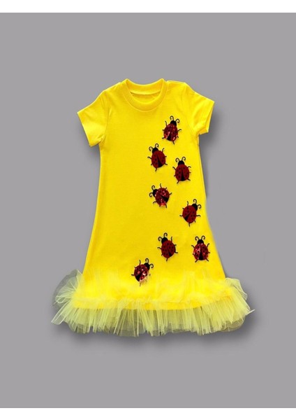 1-2-3 Yaş Uğur Böceği Nakışlı Fırfır Uçlu Kız Çocuk Jile Elbisesi