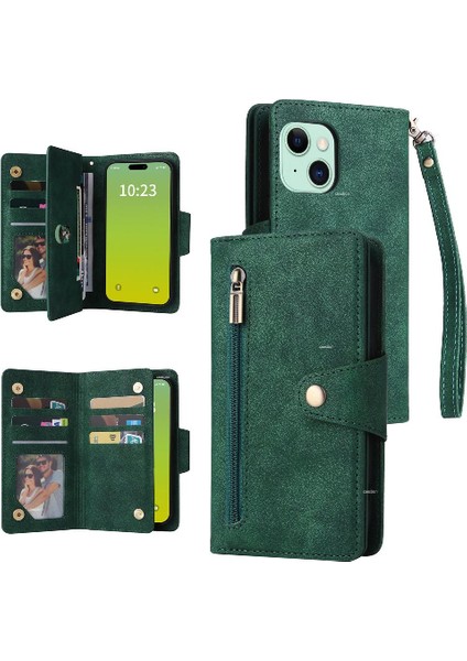 El Kayışı Manyetik Kart ile iphone 15 Artı Fermuar Cüzdan Kapak (Yurt Dışından)