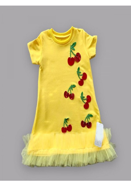 1-2-3 Yaş Payetli Kiraz Nakışlı Eteği Fırfırlı Jile Kız Çocuk Elbisesi