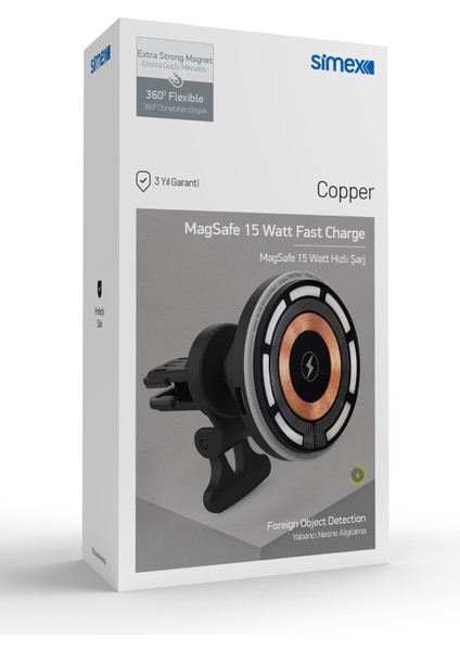 15W Hızlı Manyetik Araç Içi Metal Magsafe Kablosuz Şarj Standı ve Telefon Tutucu Simex Copper fırsatları