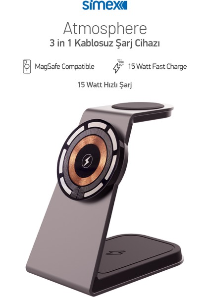 15W 3in1 Hızlı Manyetik Masaüstü Metal Magsafe Kablosuz Şarj Standı ve Telefon Tutucu Simex Atmosphere modelleri