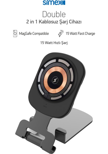 15W Hızlı Manyetik Masaüstü Metal Magsafe Kablosuz Şarj Standı ve Telefon Tutucu Simex Double indirimleri