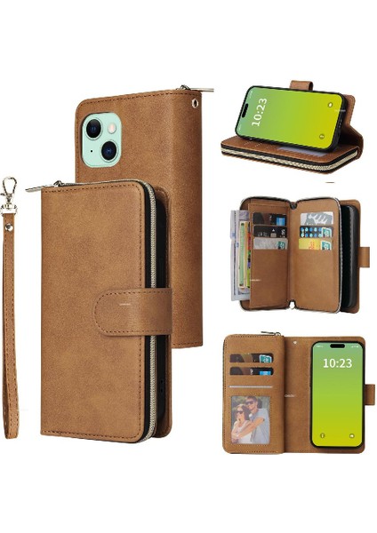 Iphone 15 Artı Cüzdan Durumda 9 Kart Yuvaları ile Fermuar Cep Flip (Yurt Dışından)
