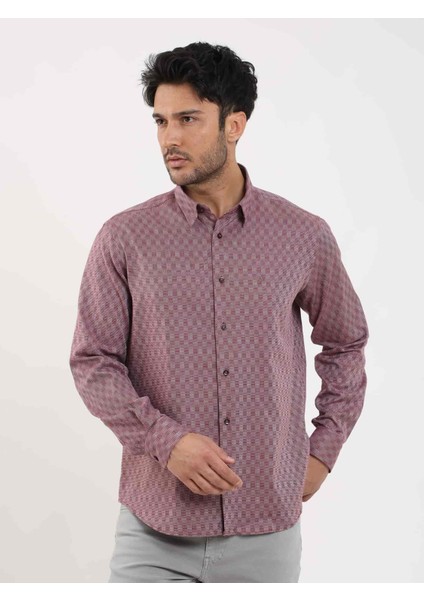 Bordo Erkek Regular Fit Desenli Düğmeli Yaka Uzun Kol Gömlek - 99219