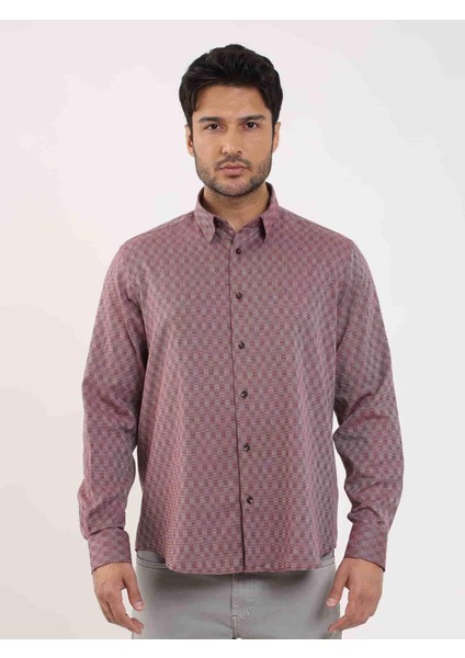 Bordo Erkek Regular Fit Desenli Düğmeli Yaka Uzun Kol Gömlek - 99219 fiyatları