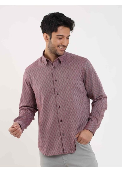 Bordo Erkek Regular Fit Desenli Düğmeli Yaka Uzun Kol Gömlek - 99219 modelleri