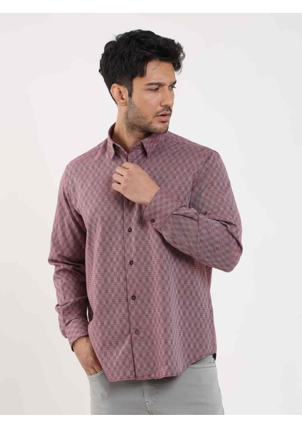 Bordo Erkek Regular Fit Desenli Düğmeli Yaka Uzun Kol Gömlek - 99219 fırsatları