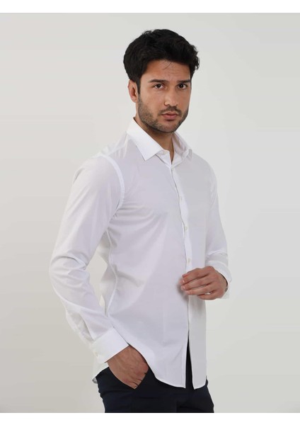 Beyaz Erkek Slim Fit Düz Brent Yaka Uzun Kol Gömlek - 79181
