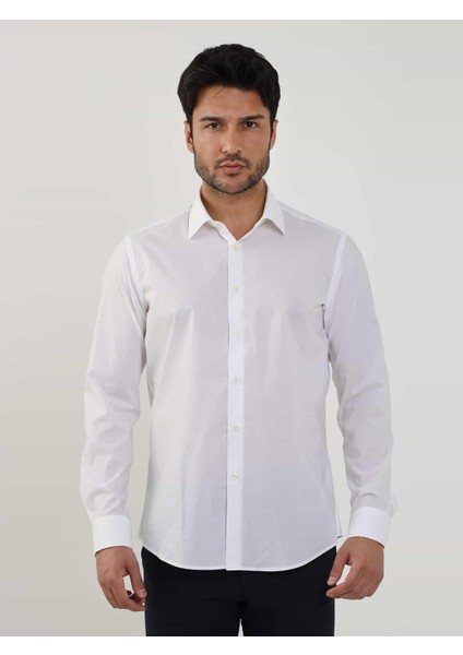 Beyaz Erkek Slim Fit Düz Brent Yaka Uzun Kol Gömlek - 79181 fiyatları