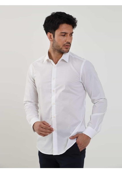 Beyaz Erkek Slim Fit Düz Brent Yaka Uzun Kol Gömlek - 79181 modelleri
