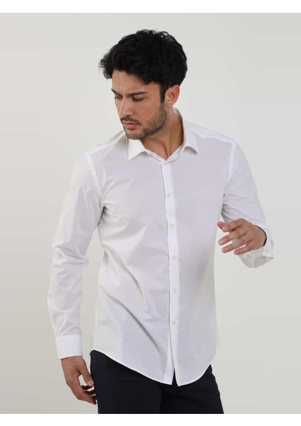 Beyaz Erkek Slim Fit Düz Brent Yaka Uzun Kol Gömlek - 79181 fırsatları