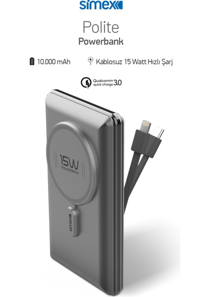 Hızlı Şarj Temassız Magsafe Powerbank 22,5W 10000MAH Dahili Kablolu Simex S-38 Polite fırsatları