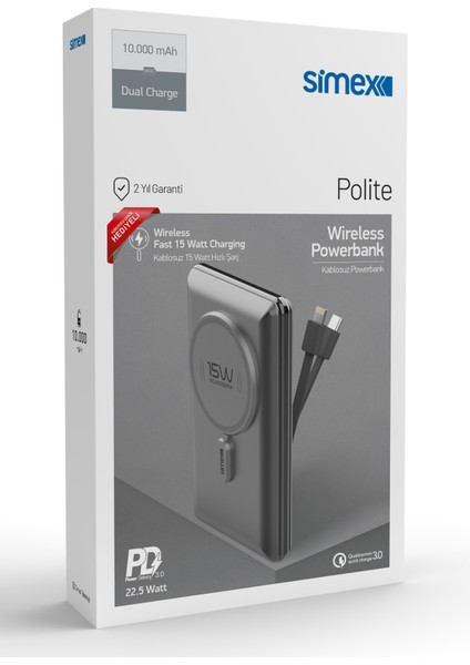 Hızlı Şarj Temassız Magsafe Powerbank 22,5W 10000MAH Dahili Kablolu Simex S-38 Polite indirimleri