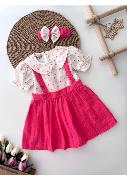 Kalp Baskılı Müslin Kız Çocuk Elnise ve bandana - Fuşya