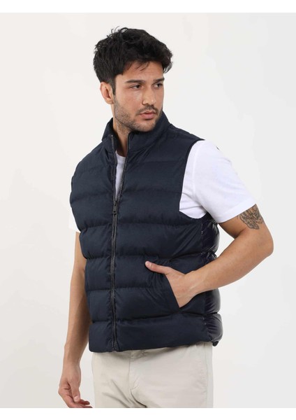 Lacivert Erkek Regular Fit Düz Fermuarlı Dik Yaka Şişme Yelek Mont