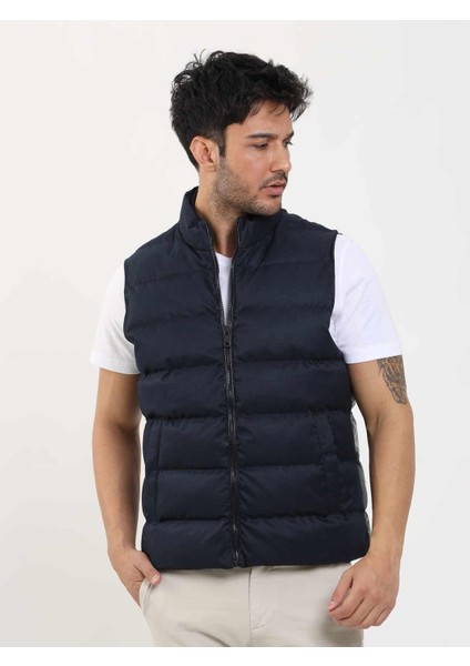 Lacivert Erkek Regular Fit Düz Fermuarlı Dik Yaka Şişme Yelek Mont modelleri