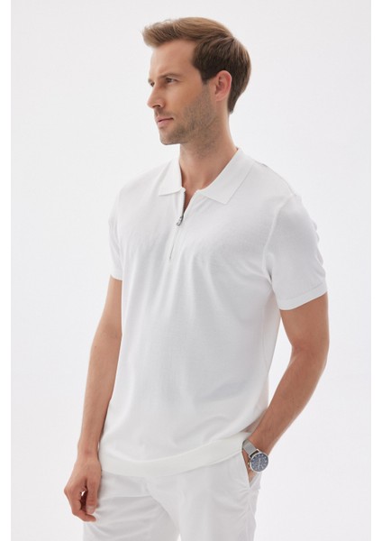 Lımıted Erkek Düz Fermuarlı Polo Yaka Rayon Triko Tişört Ekru modelleri