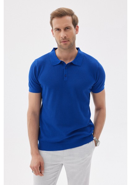 Erkek Polo Yaka Jakarlı Triko T-Shirt Saks