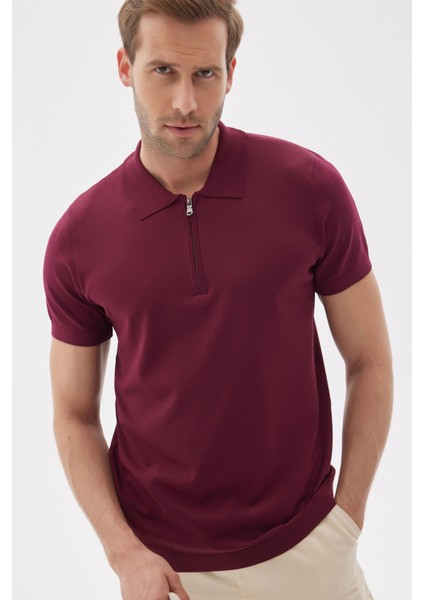 Lımıted Erkek Düz Fermuarlı Polo Yaka Rayon Triko Tişört Bordo