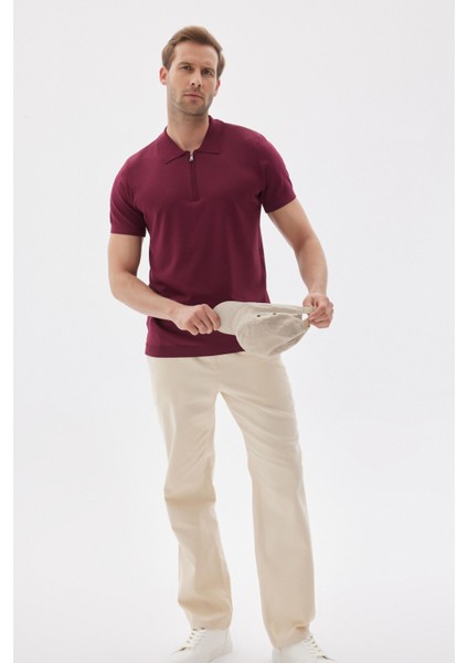 Lımıted Erkek Düz Fermuarlı Polo Yaka Rayon Triko Tişört Bordo modelleri