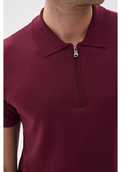 Lımıted Erkek Düz Fermuarlı Polo Yaka Rayon Triko Tişört Bordo fırsatları