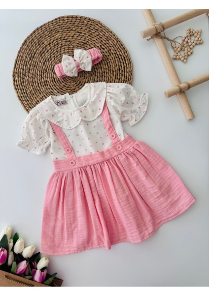 Kalp Baskılı Müslin Kız Çocuk Elnise ve bandana - Pembe