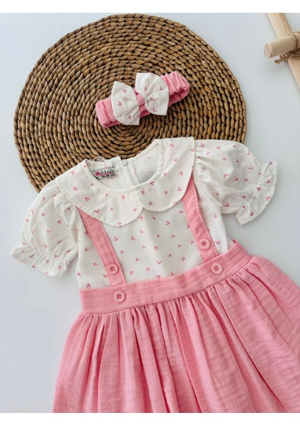 Kalp Baskılı Müslin Kız Çocuk Elnise ve bandana - Pembe fiyatları