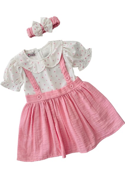Kalp Baskılı Müslin Kız Çocuk Elnise ve bandana - Pembe modelleri