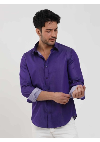 Mor Erkek Slim Fit Düz Düğmeli Yaka Uzun Kol Gömlek - 102519 fırsatları