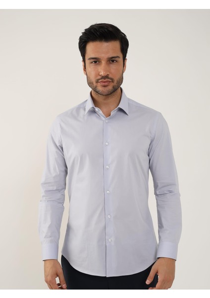 Açık Gri Erkek Slim Fit Klasik Uzun Kol Gömlek - 88364 modelleri