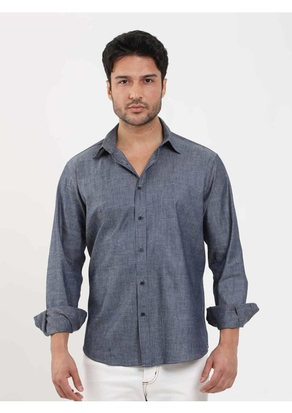 Lacivert Erkek Regular Fit Melanj Desenli Düğmeli Yaka Uzun Kol Gömlek - 95028