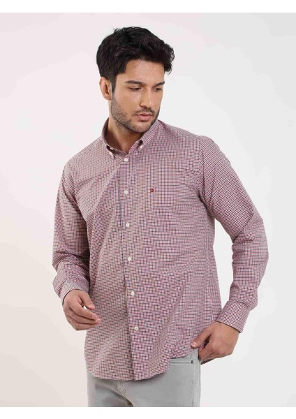 Kırmızı Erkek Regular Fit Pitikare Desenli Düğmeli Yaka Uzun Kol Gömlek - 98709