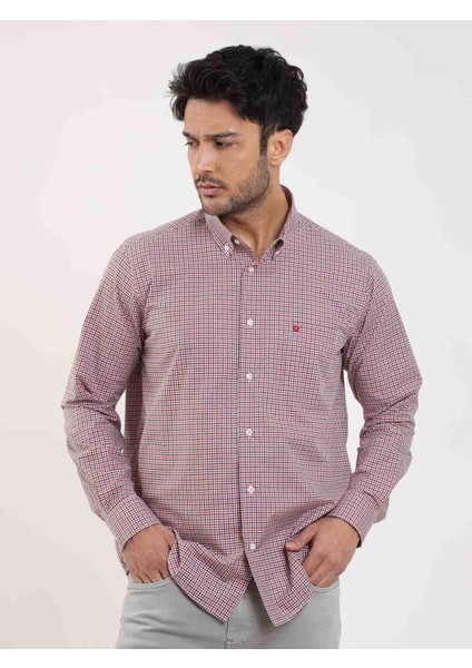 Kırmızı Erkek Regular Fit Pitikare Desenli Düğmeli Yaka Uzun Kol Gömlek - 98709 modelleri