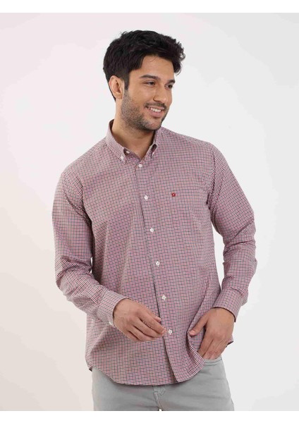 Kırmızı Erkek Regular Fit Pitikare Desenli Düğmeli Yaka Uzun Kol Gömlek - 98709 fırsatları